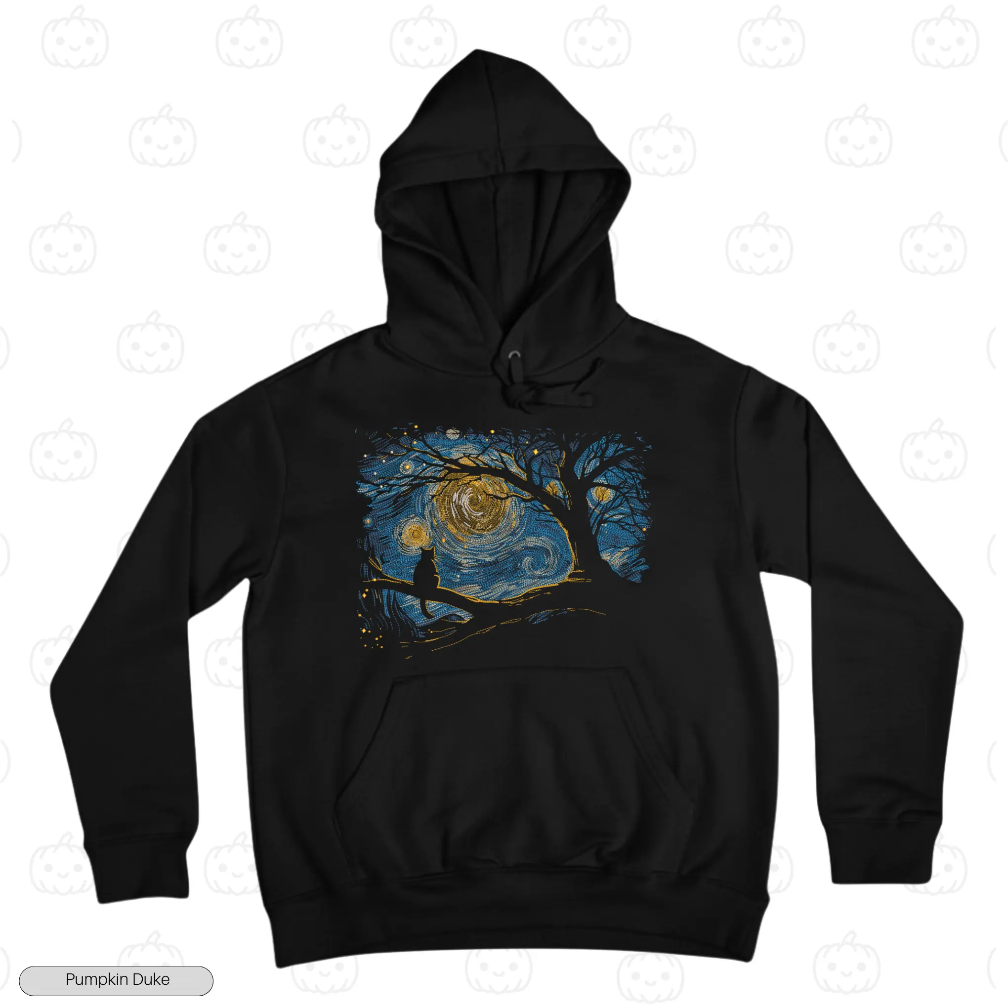 Cat Van Gogh Art Black Front Embroidery Hoodie Cat Van Gogh Art Embroidery Hoodie