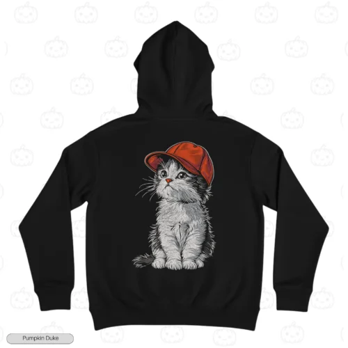 Cute Cat With Red Hat Black Back Embroidery Hoodie Cute Cat With Red Hat Embroidery Hoodie