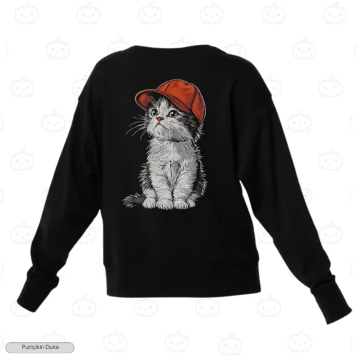 Cute Cat With Red Hat Embroidery Sweatshirt