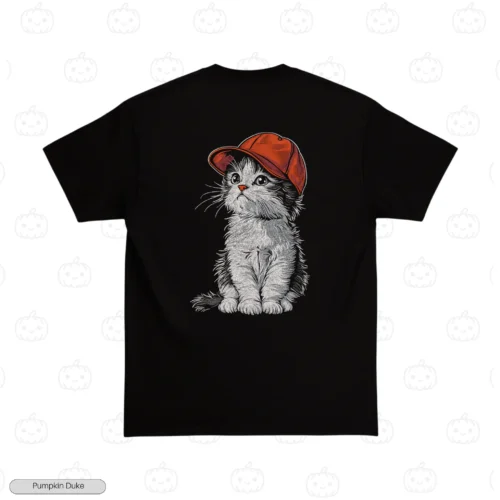 Cute Cat With Red Hat Black Back Embroidery T-Shirt Cute Cat With Red Hat Embroidery T-Shirt