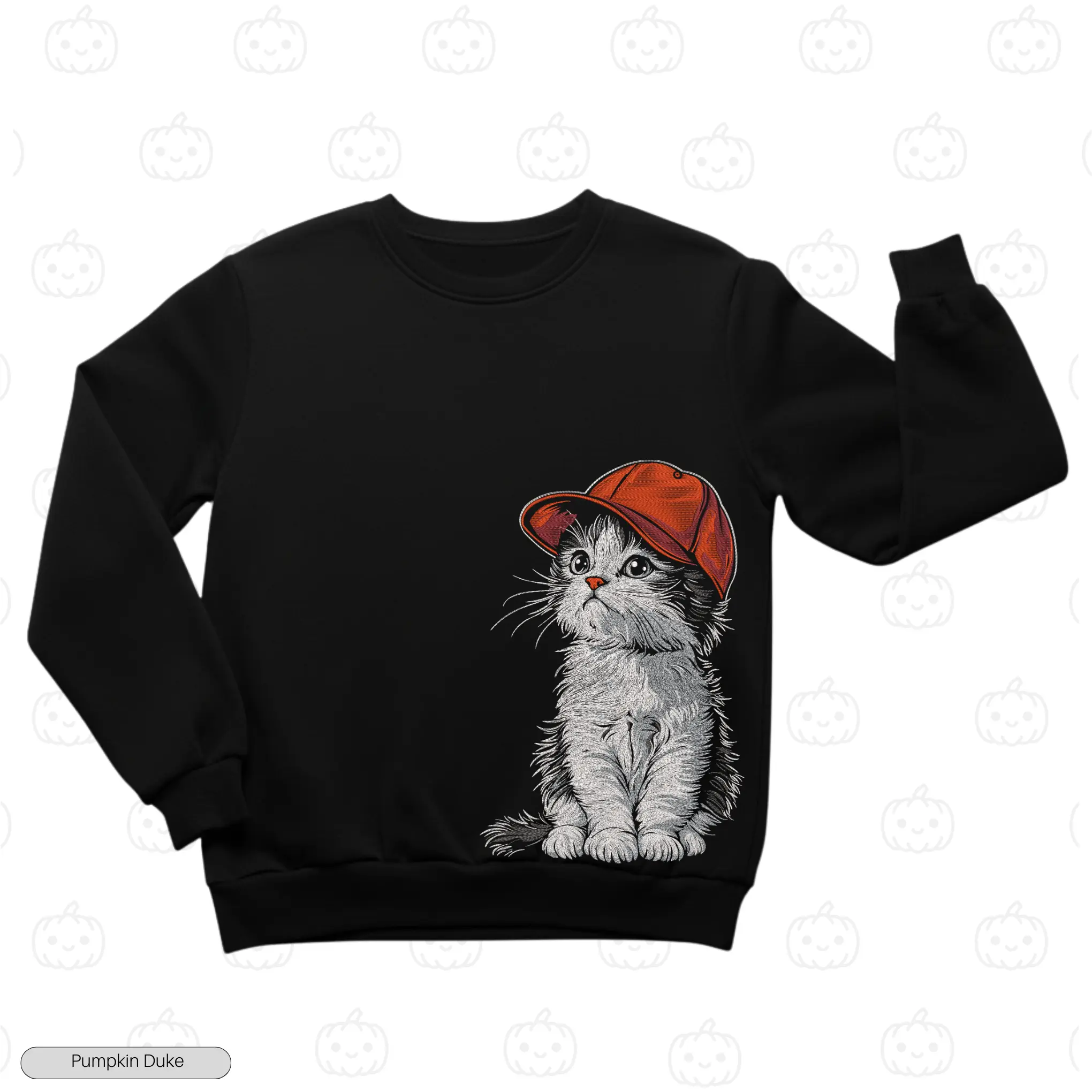 Cute Cat With Red Hat Black Logo Big Embroidery Sweatshirt Cute Cat With Red Hat Embroidery Sweatshirt