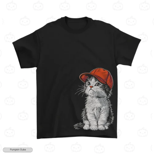 Cute Cat With Red Hat Black Logo Big Embroidery T-Shirt Cute Cat With Red Hat Embroidery T-Shirt