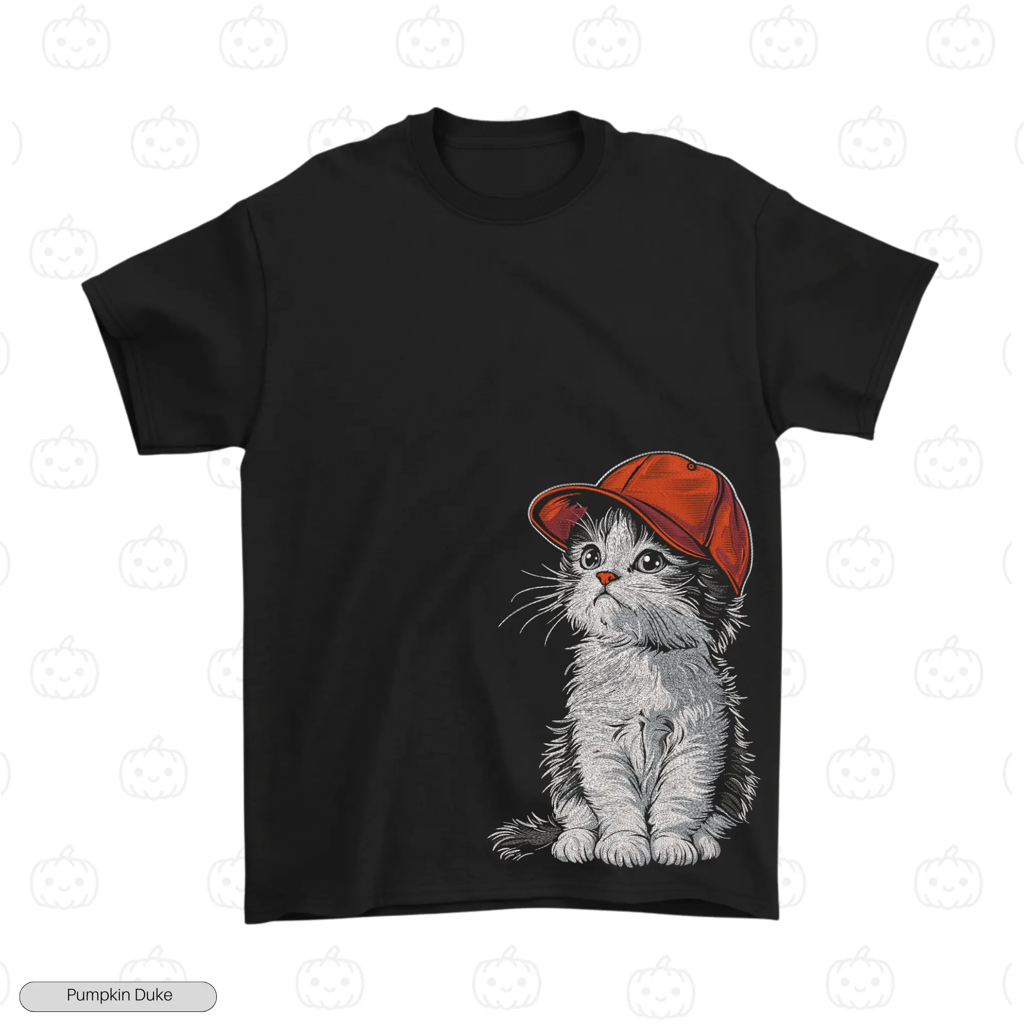 Cute Cat With Red Hat Embroidery T-Shirt
