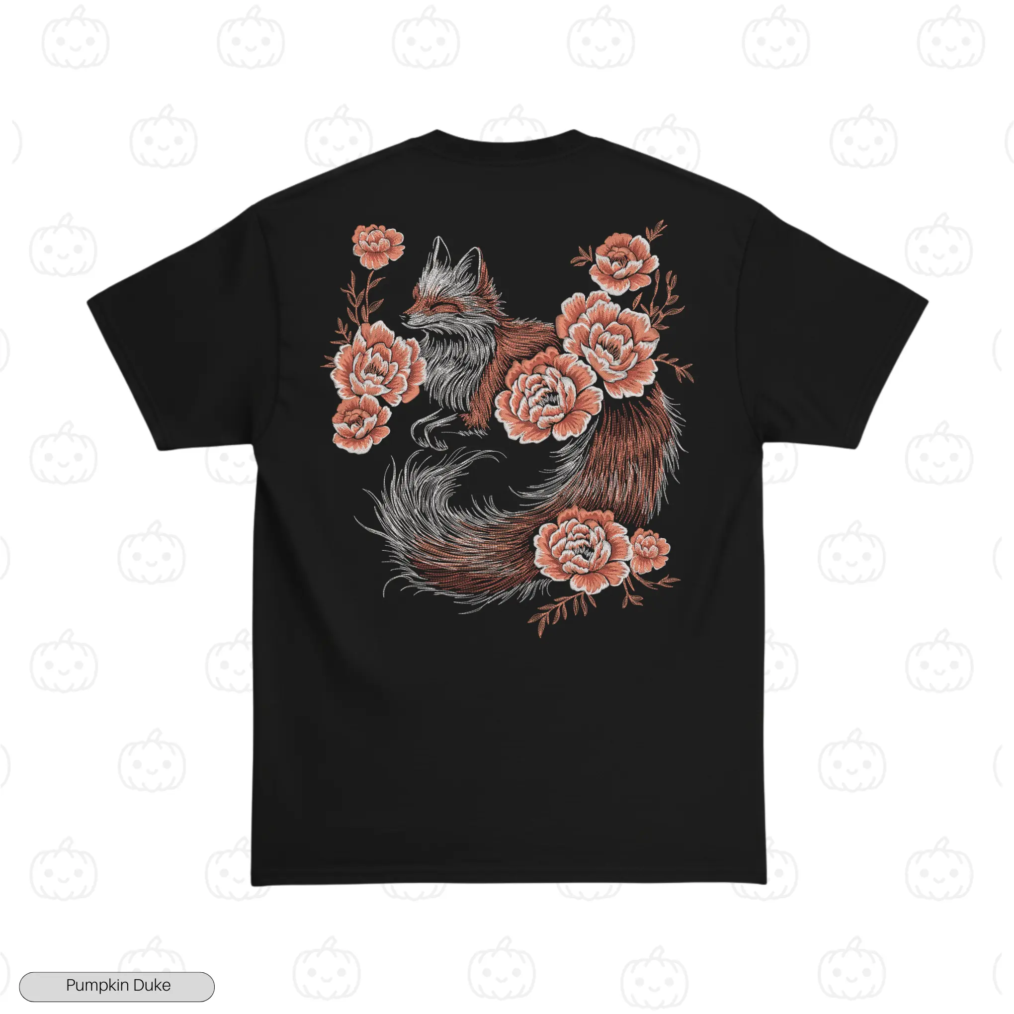 Fox Floral Black Back Embroidery T-Shirt Fox Floral Embroidery T-Shirt