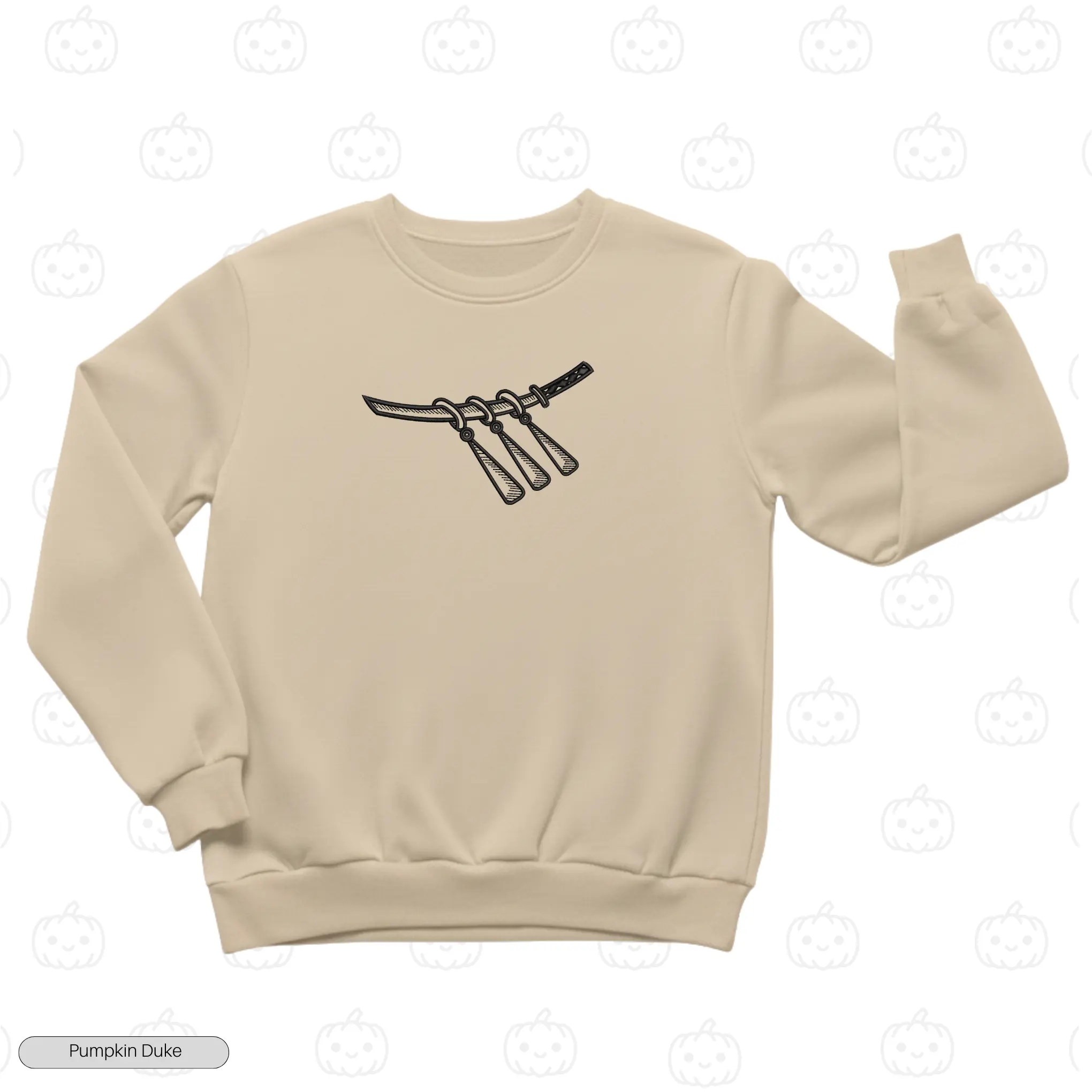 Zoro Sword Earrings Beige Front Embroidery Sweatshirt Roronoa Zoro Sword Earrings Embroidery Sweatshirt