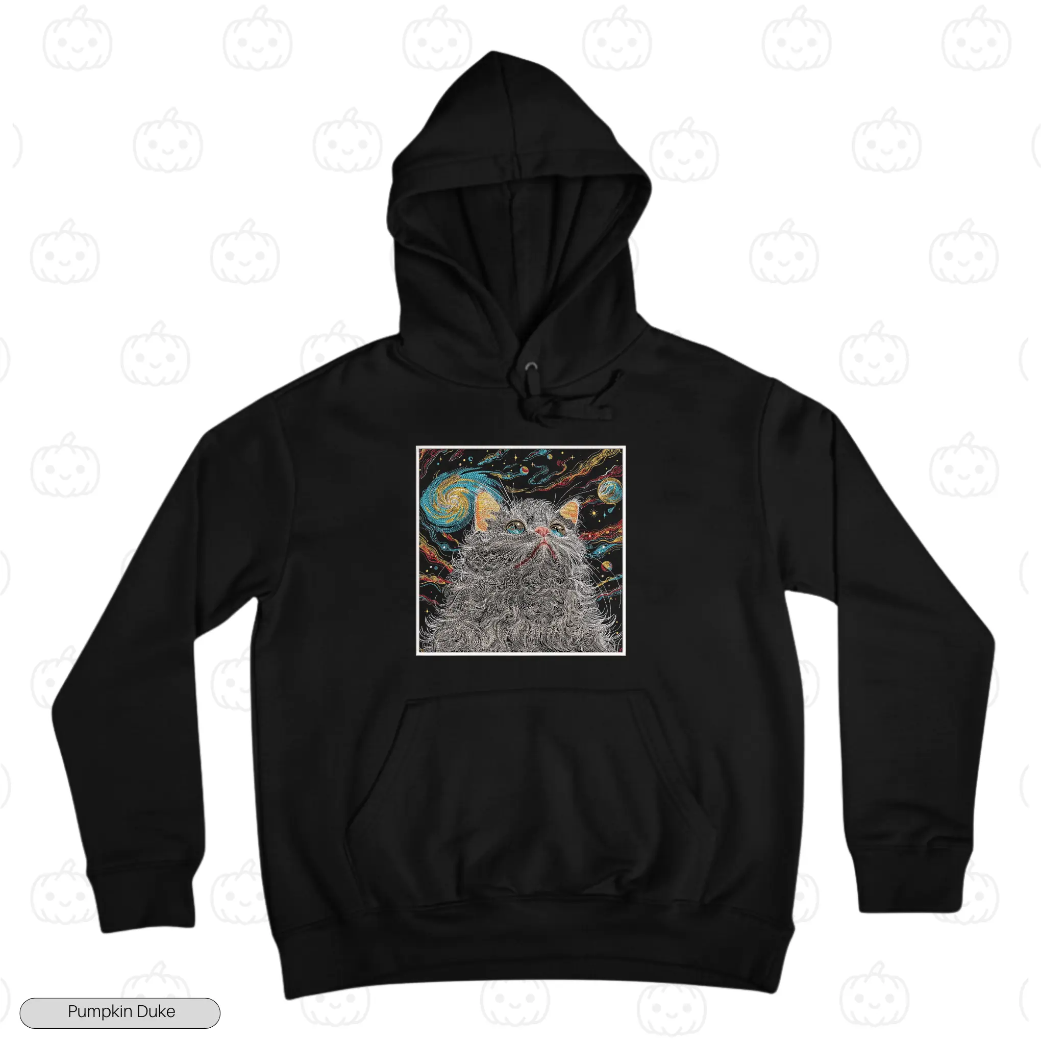 Cosmic Space Fluffy Cat Black Front Embroidery Hoodie Cosmic Space Fluffy Cat Embroidery Hoodie