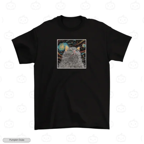Cosmic Space Fluffy Cat Black Front Embroidery T-Shirt Cosmic Space Fluffy Cat Embroidery T-Shirt