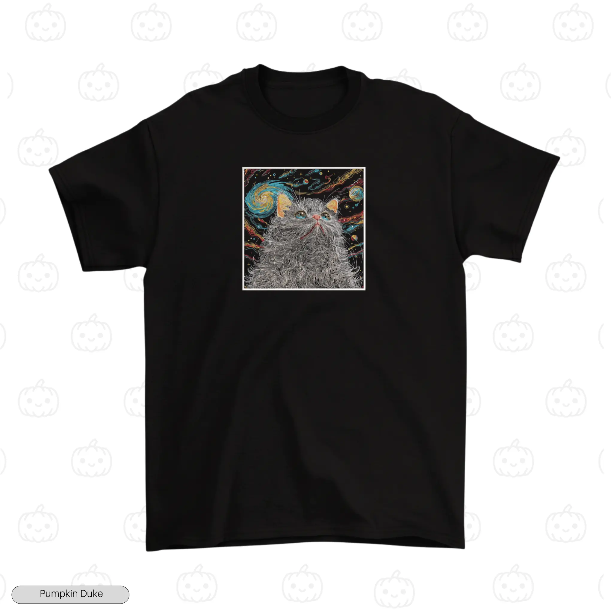 Cosmic Space Fluffy Cat Embroidery T-Shirt
