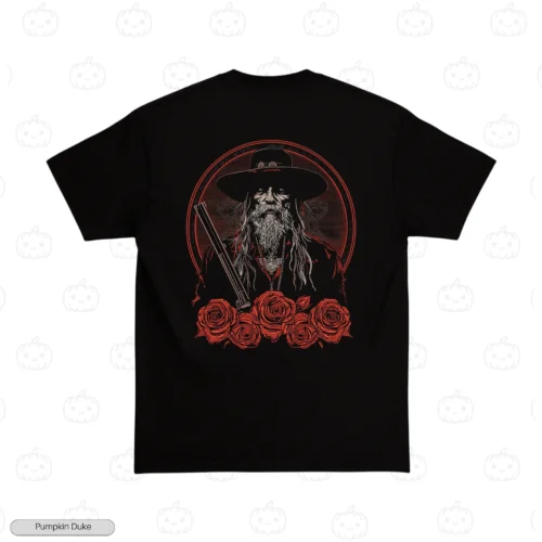 Cowboy, Pistol And Rose Black Back Embroidery T-Shirt Cowboy, Pistol And Rose Embroidery T-Shirt