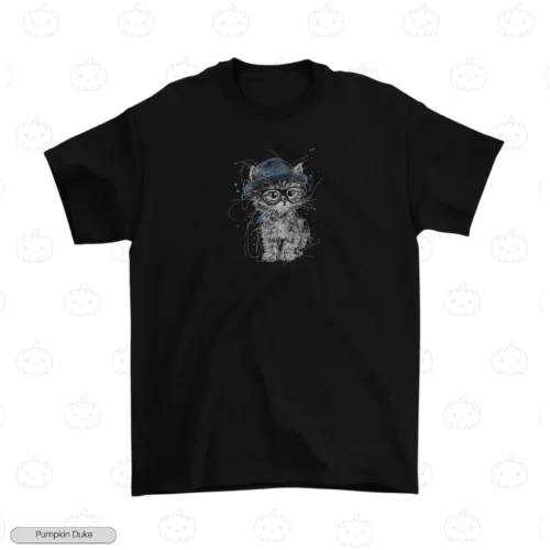 Cute Hipster Cat Black Front Embroidery T-Shirt Cute Hipster Cat Embroidery T-Shirt