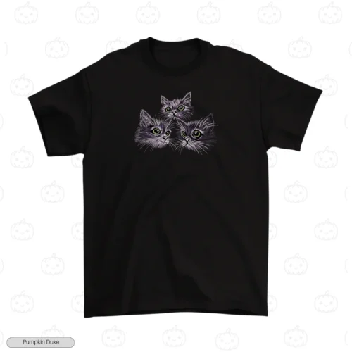 Cute Trio Cats Black Front Embroidery T-Shirt Cute Trio Cats Embroidery T-Shirt