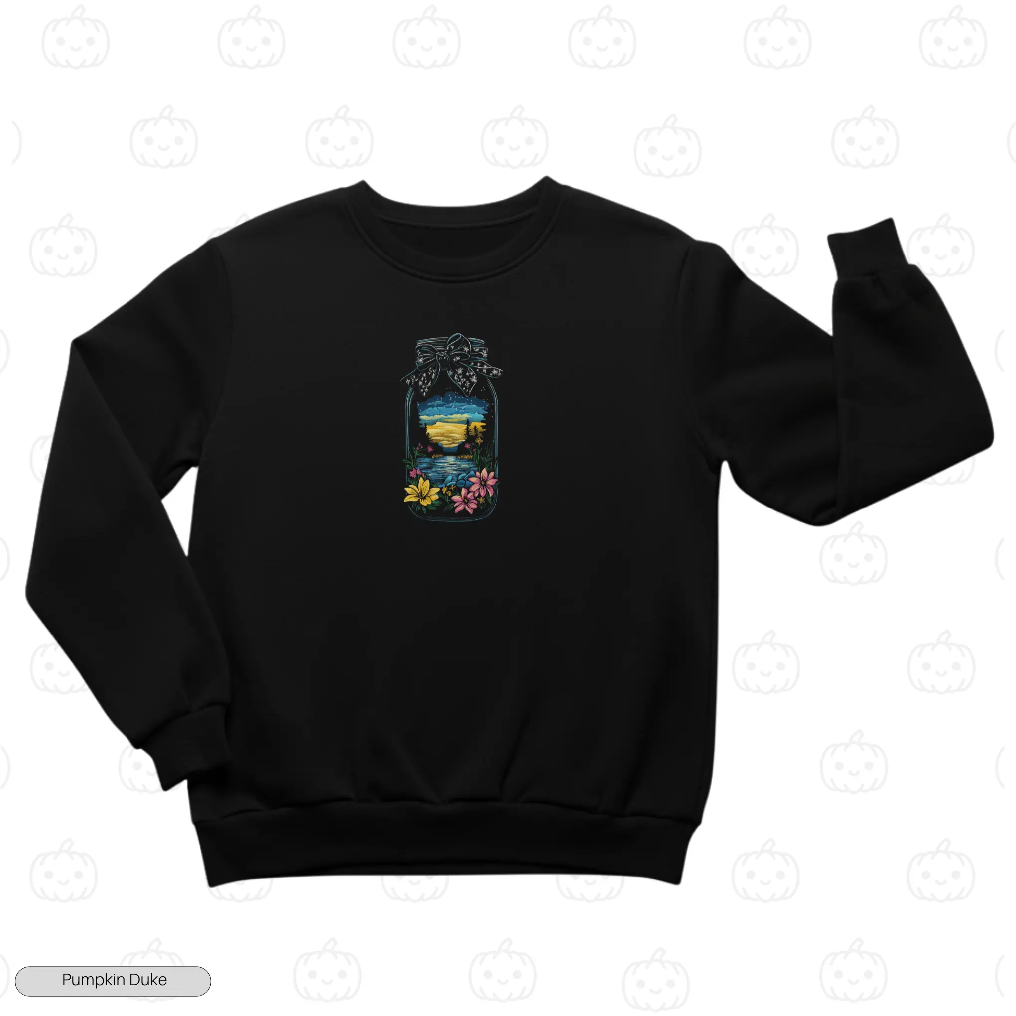 Floral Jar Landscape Black Front Embroidery Sweatshirt Floral Jar Landscape Embroidery Sweatshirt