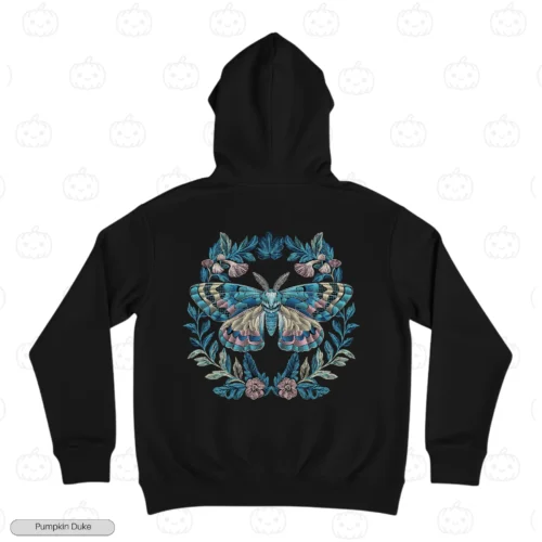 Floral Wreath Moth Black Back Embroidery Hoodie Floral Wreath Moth Embroidery Hoodie