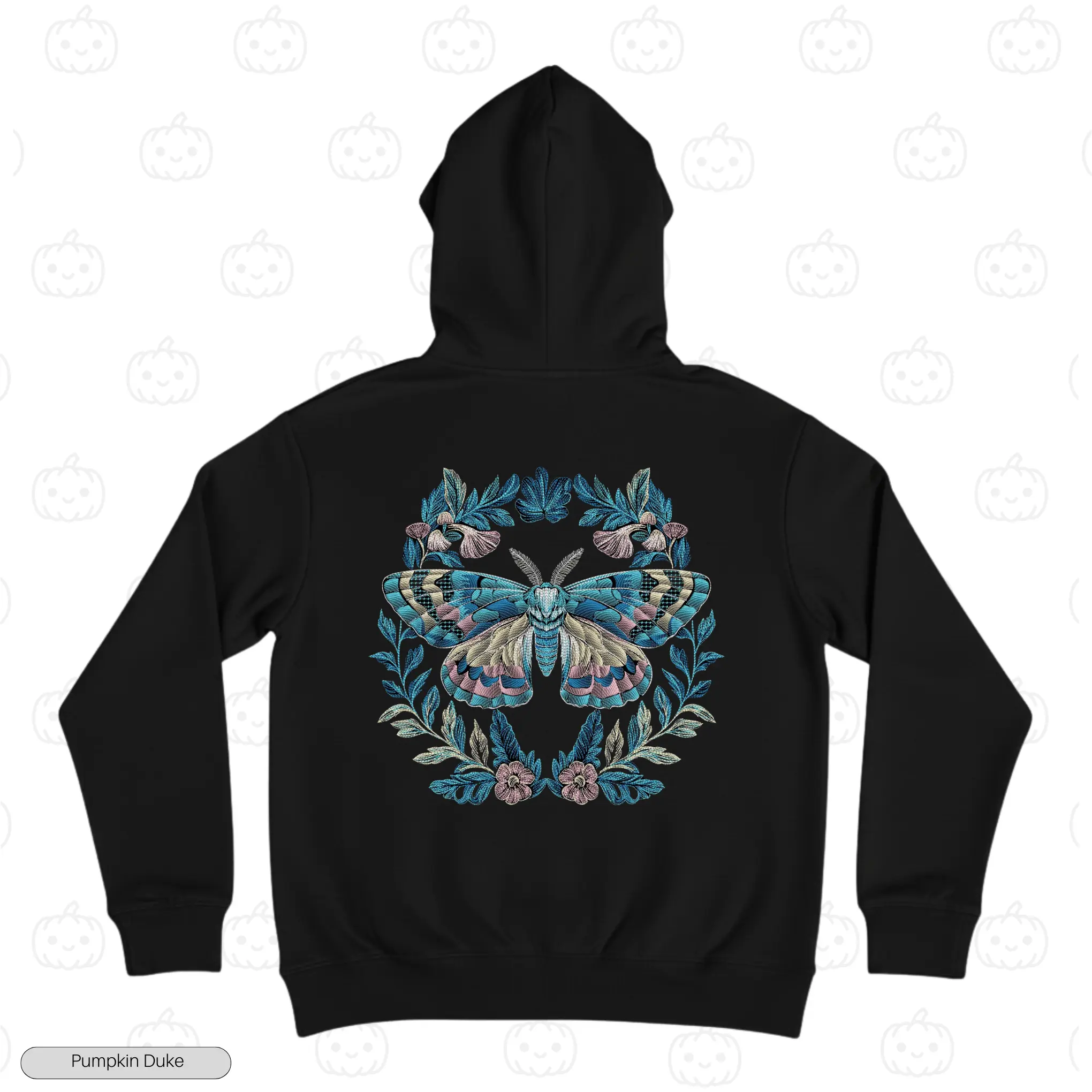Floral Wreath Moth Black Back Embroidery Hoodie Floral Wreath Moth Embroidery Hoodie
