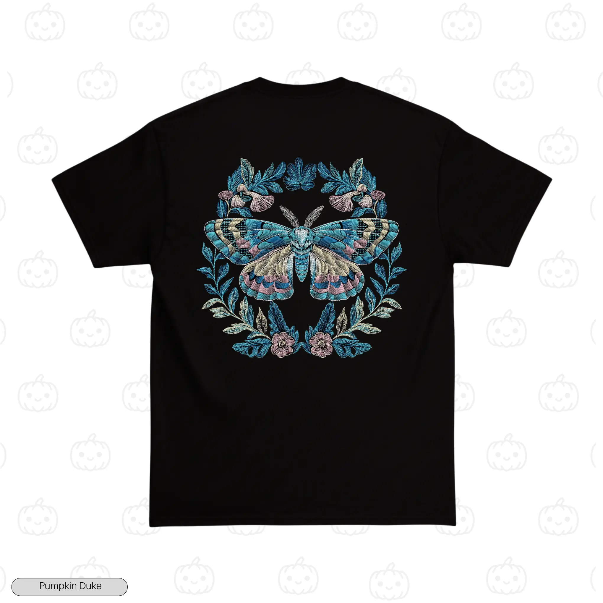 Floral Wreath Moth Black Back Embroidery T-Shirt Floral Wreath Moth Embroidery T-Shirt