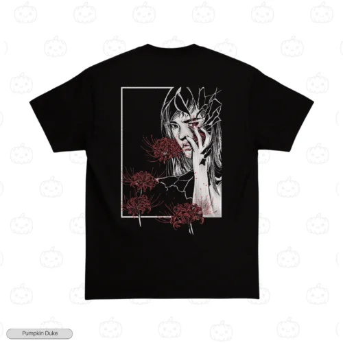 Girl Red Spider Lily Black Back Embroidery T-Shirt Girl Red Spider Lily Embroidery T-Shirt