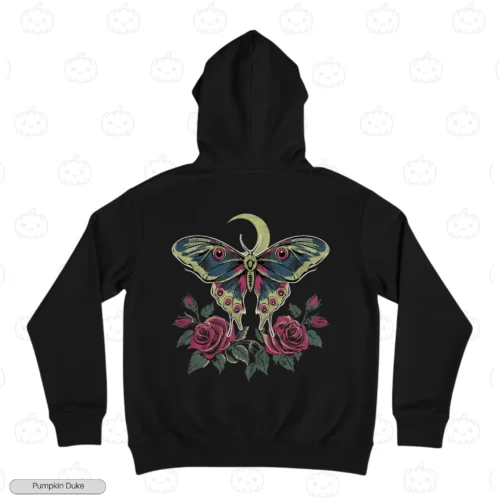 Moon And Roses Gothic Moth Embroidery Hoodie