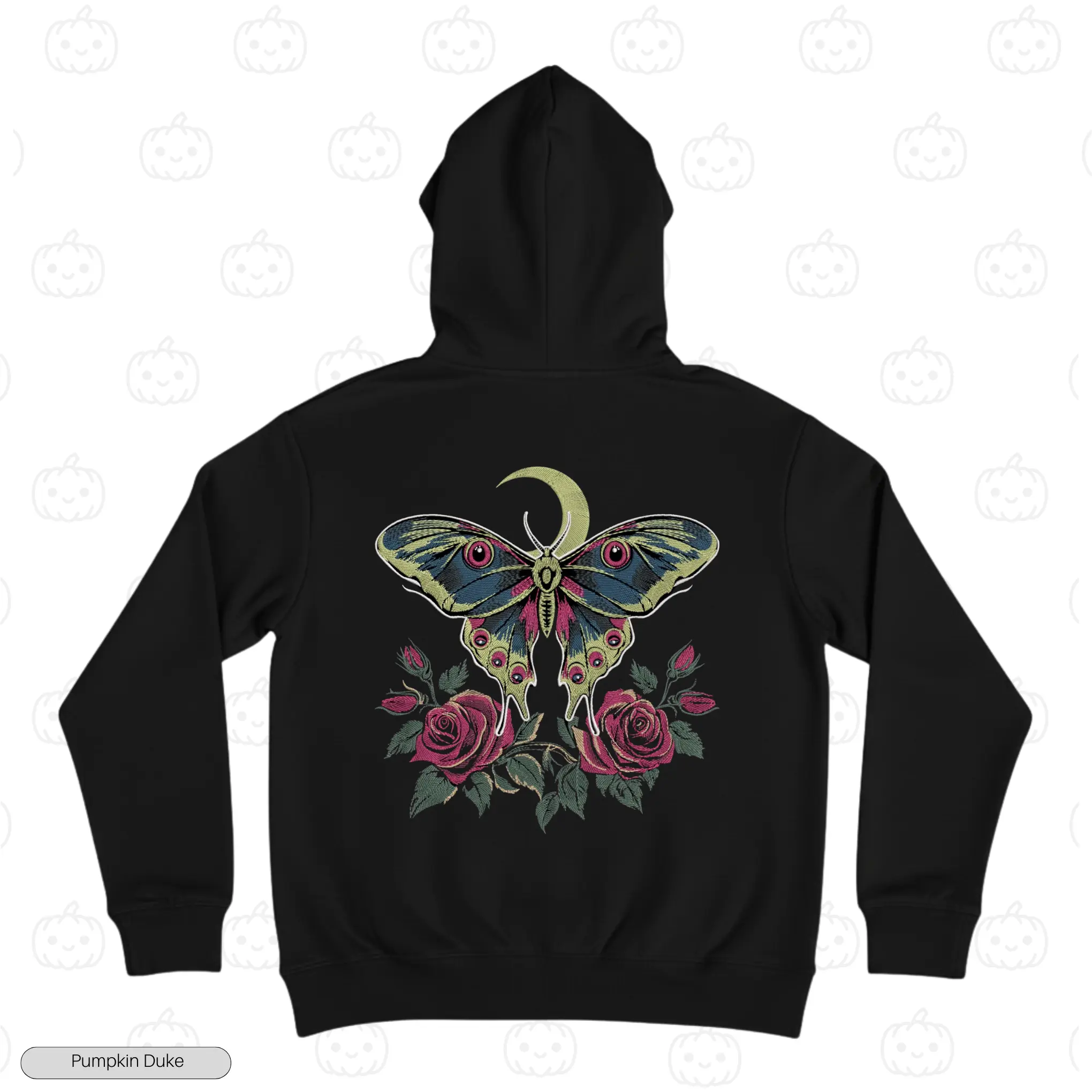 Gothic Moth With Moon & Roses Black Back Embroidery Hoodie Moon And Roses Gothic Moth Embroidery Hoodie