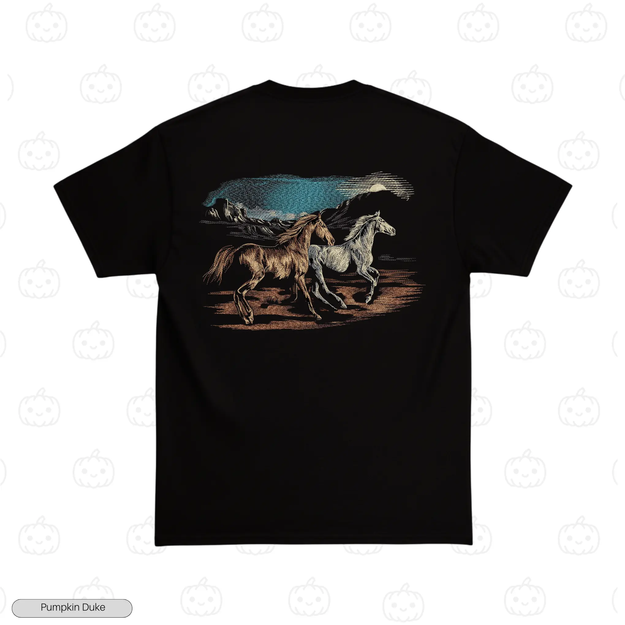 Horses Mountain Black Back Embroidery T-Shirt Horses Mountain Embroidery T-Shirt