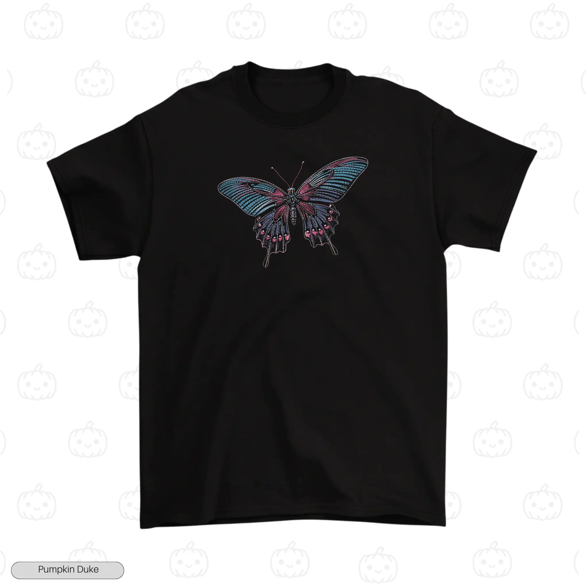Neon Butterfly Black Front Embroidery T-Shirt Neon Butterfly Embroidery T-Shirt