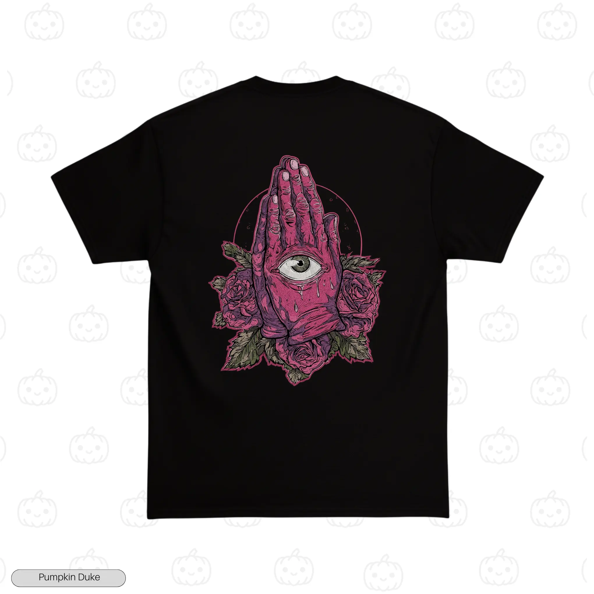 Praying Hands Rose Black Back Embroidery T-Shirt Praying Hands Rose Embroidery T-Shirt