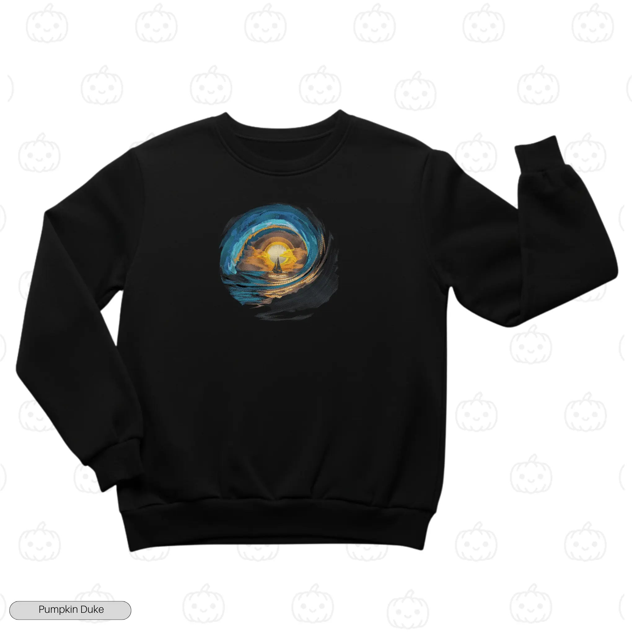 Sailboat Sunset Ocean Wave Black Front Embroidery Sweatshirt Sailboat Sunset Embroidery Sweatshirt