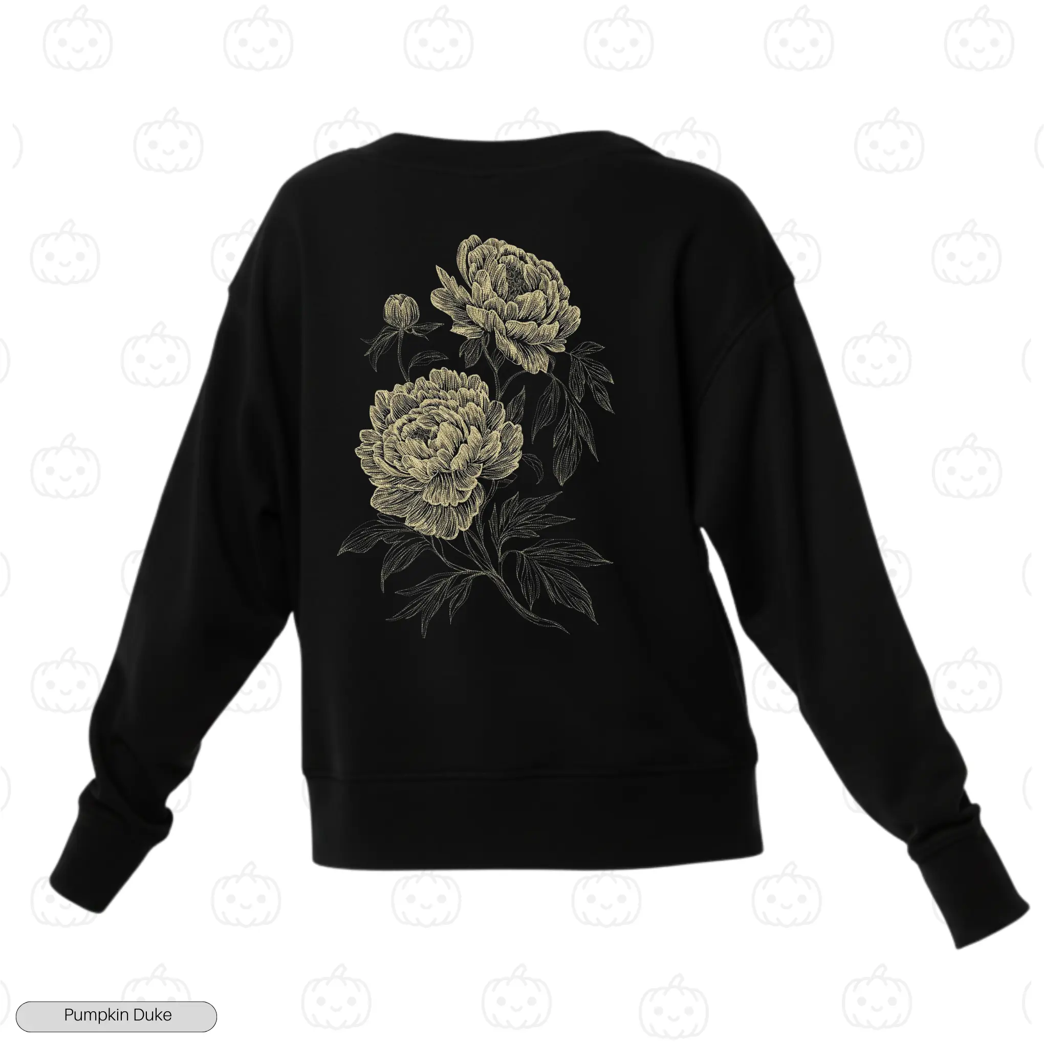 Vintage Peony Flower Black Back Embroidery Sweatshirt Vintage Peony Flower Embroidery Sweatshirt